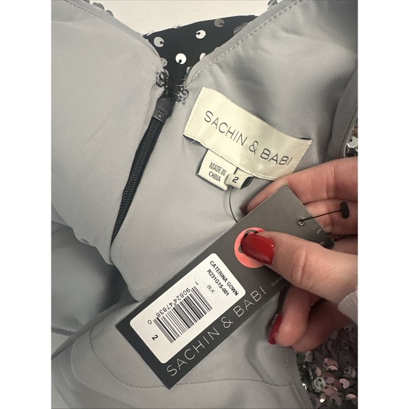 NWT $1095 Sachin & Babi [ 2 ] Caterina Sequin V-neck Gown in Black Silver‎ - Picture 13 of 15